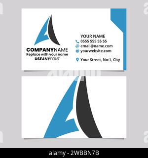 Blue and Black Business Card Template with Paper Plane Shaped Letter A Logo Icon Over a Light Grey Background Stock Vector