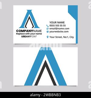 Blue and Black Business Card Template with Pillar Shaped Letter A Logo Icon Over a Light Grey Background Stock Vector
