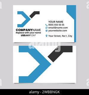 Blue and Black Business Card Template with Rail Switch Shaped Letter Y Logo Icon Over a Light Grey Background Stock Vector