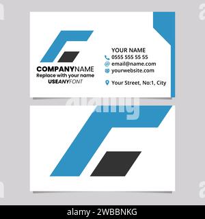 Blue and Black Business Card Template with Rectangular Italic Letter C Logo Icon Over a Light Grey Background Stock Vector