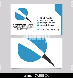 Blue and Black Business Card Template with Screw Shaped Letter Q Logo Icon Over a Light Grey Background Stock Vector