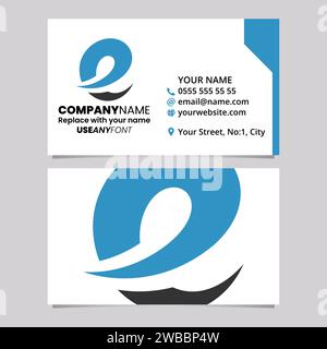 Blue and Black Business Card Template with Soft Spiky Curved Letter E Logo Icon Over a Light Grey Background Stock Vector