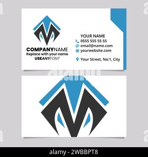 Blue and Black Business Card Template with Square Diamond Letter M Logo Icon Over a Light Grey Background Stock Vector