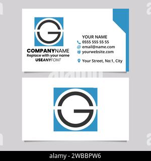 Blue and Black Business Card Template with Square Letter G Logo Icon Over a Light Grey Background Stock Vector