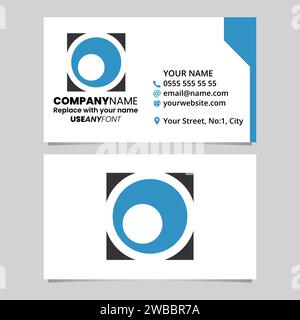Blue and Black Business Card Template with Square Letter O Logo Icon Over a Light Grey Background Stock Vector