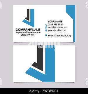 Blue and Black Business Card Template with Straight Lined Letter J Logo Icon Over a Light Grey Background Stock Vector