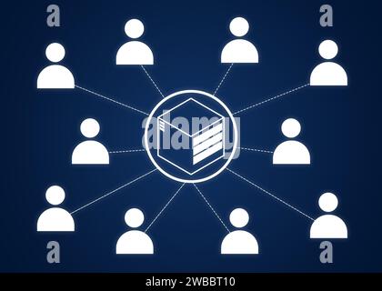 Human icons connected with server on dark blue background, illustration. Multi-user system Stock Photo