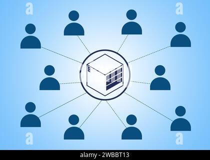 Human icons connected with server on light blue background, illustration. Multi-user system Stock Photo