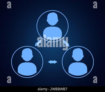 Human icons connected with double arrows on dark blue background, illustration. Multi-user system Stock Photo