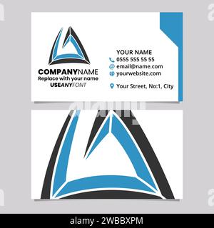 Blue and Black Business Card Template with Triangular Spiral Letter A Logo Icon Over a Light Grey Background Stock Vector