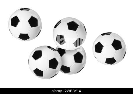 Many soccer balls flying on white background Stock Photo