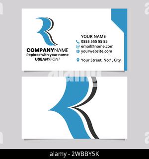 Blue and Black Business Card Template with Wavy Shaped Letter R Logo Icon Over a Light Grey Background Stock Vector