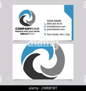 Blue and Black Business Card Template with Wave Shaped Letter O Logo Icon Over a Light Grey Background Stock Vector