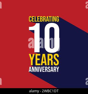 Celebrating 10 years anniversary template design with a long shadow on red background. 10th anniversary celebration event poster, invitation card, Stock Vector