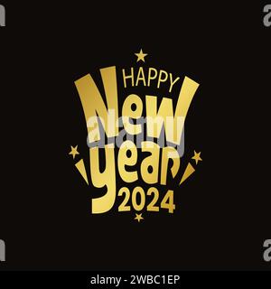 Happy new year gold color typography design on black background. Custom typography design with happy new year 2024. Celebrating new year banner Stock Vector