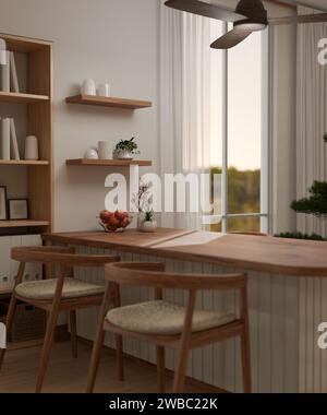 Interior design of a beautiful Scandinavian dining room with a beautiful hardwood dining table, armchairs, a ceiling fan, and decor. 3d render, 3d ill Stock Photo