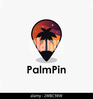 Palm tree logo pin in beautiful night Stock Vector