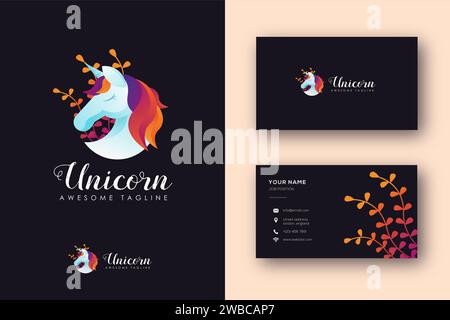 Modern colorful unicorn logo vector and business card template Stock Vector