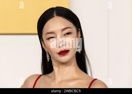 Yun Jee Kim wearing dress by Bridal Kong attends Netflix's 'Lift' world premiere at Jazz at Lincoln Center in New York on January 8, 2024 Stock Photo