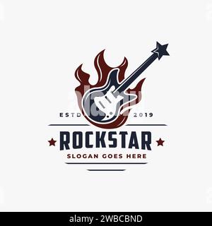 Vintage rockstar guitar on fire logo design Stock Vector