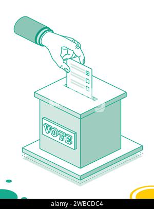 Voting concept. Hand puts vote bulletin into vote box. Vector illustration. Isometric election concept with ballot box isolated on white background. Stock Vector