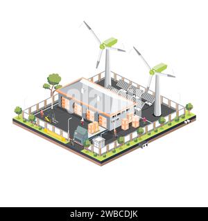 Isometric distribution logistic center with solar panels and wind turbines. Warehouse storage facilities with trucks isolated on white background. Stock Vector