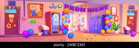 School hallway decorated for prom night party. Cartoon corridor interior with party flags, balloons and confetti for graduation event celebration. Lobby with door to class, lockers and vending machine Stock Vector