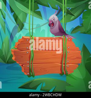 Jungle background with wooden sign board hanging on green liana vines with empty space for text and parrot on it. Cartoon vector rain forest scenery with tropical leaves, bird and wood banner. Stock Vector
