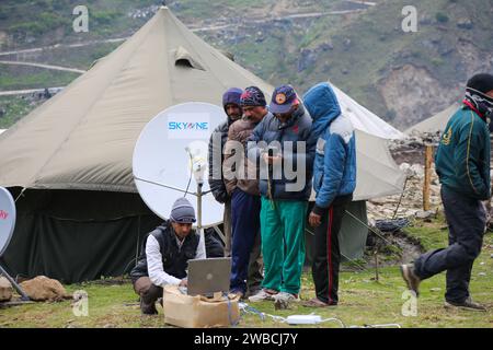 Rudarprayag, Uttarakhand, India, May 18 2014, Telecommunication network in Remote areas India. Telecommunications are the means of electronic transmission of information over distances. The information may be in the form of voice telephone calls, data, text, images etc. Stock Photo