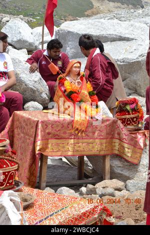 Rudarprayag, Uttarakhand, India, June 16 2014, Pilgrims with Adi Shankaracharya idol in Kedarnath India. Adi Shankaracharya was an Indian philosopher and theologian, who consolidated the doctrine of Advaita Vedanta. Stock Photo