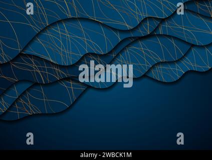 Blue waves and golden curved lines abstract background. Vector design Stock Vector