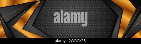 Black and golden stripes on dark perforated background. Vector design Stock Vector