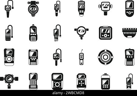 Gas detector icons set simple vector. Meter instrument. Home leak accident Stock Vector