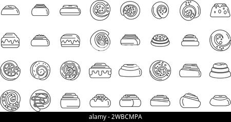 Cinnamon roll bun icons set outline vector. Food baked. Bakery milk danish Stock Vector