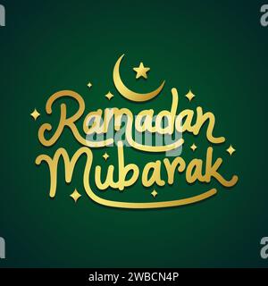 Ramadan Mubarak golden color hand drawn lettering vector illustration with moon and star on green background. Islamic calligraphy to celebrate Muslim Stock Vector