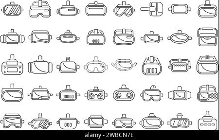 Virtual reality helmet icons set outline vector. Game vr. Glasses simulator Stock Vector