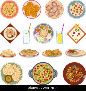 Indian cuisine icons set cartoon vector. Butter food. Masala curry naan Stock Vector