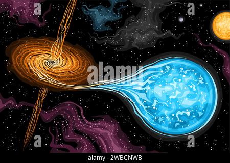Vector illustration of Black Hole, astronomical horizontal poster with rotating hot gas around black hole absorption giant star in deep space, decorat Stock Vector