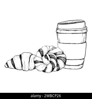 Chocolate croissant, braided bun with coffee cup Stock Vector