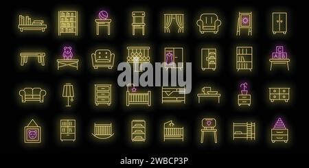 Children room icons set. Outline set of children room vector icons neon color on black Stock Vector