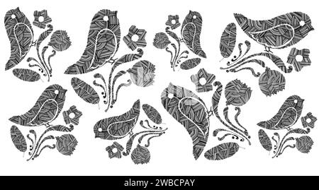 Set of birds, flowers and decorative elements in black on white background. Doodle. Elements are filled with thin lines, strokes, and dots. Stylized images of birds in profile. Flowers, leaves, curls. Stock Photo