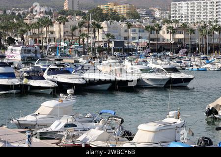 Benalmadena, Spain - September 15, 2023: Boats and yachts moored at Puerto Marina in Benalmadena, Costa del Sol Malaga, Spain. This marina has berths Stock Photo