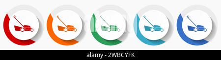 Lawn mower vector icon set, flat icons for logo design, webdesign and mobile applications, colorful round buttons Stock Vector