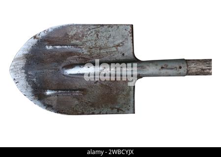 Old used spade gardening tool isolated on white background, close up Stock Photo