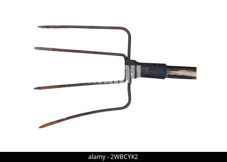 Old vinatge fork gardening tool isolated on white background Stock Photo