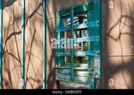 Blue Window in one of the Historic Houses of Sugar Grove, Pennsylvania, USA Stock Photo