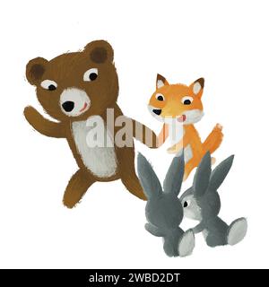 cartoon bear fox and rabbit friends walking looking and smiling isolated illustration for kids Stock Photo