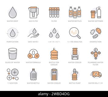 Water drop flat line icons set. Aqua filter, softener, ionization, disinfection, purification, glass, pump, drink vector illustrations. Thin signs for Stock Vector