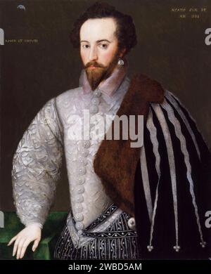 Sir Walter Raleigh (circa 1552-1618), English statesman, soldier, writer, and explorer, portrait painting in oil on panel by an unknown English artist, 1588 Stock Photo