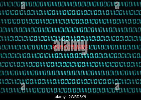 Red word "Ransomware" hidden in the middle of a binary code sequence. Stock Photo